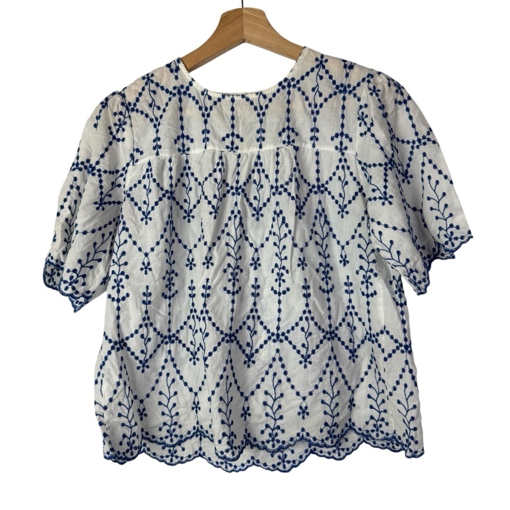 Rebellion White & Blue Embroidered Short Sleeve Blouse S